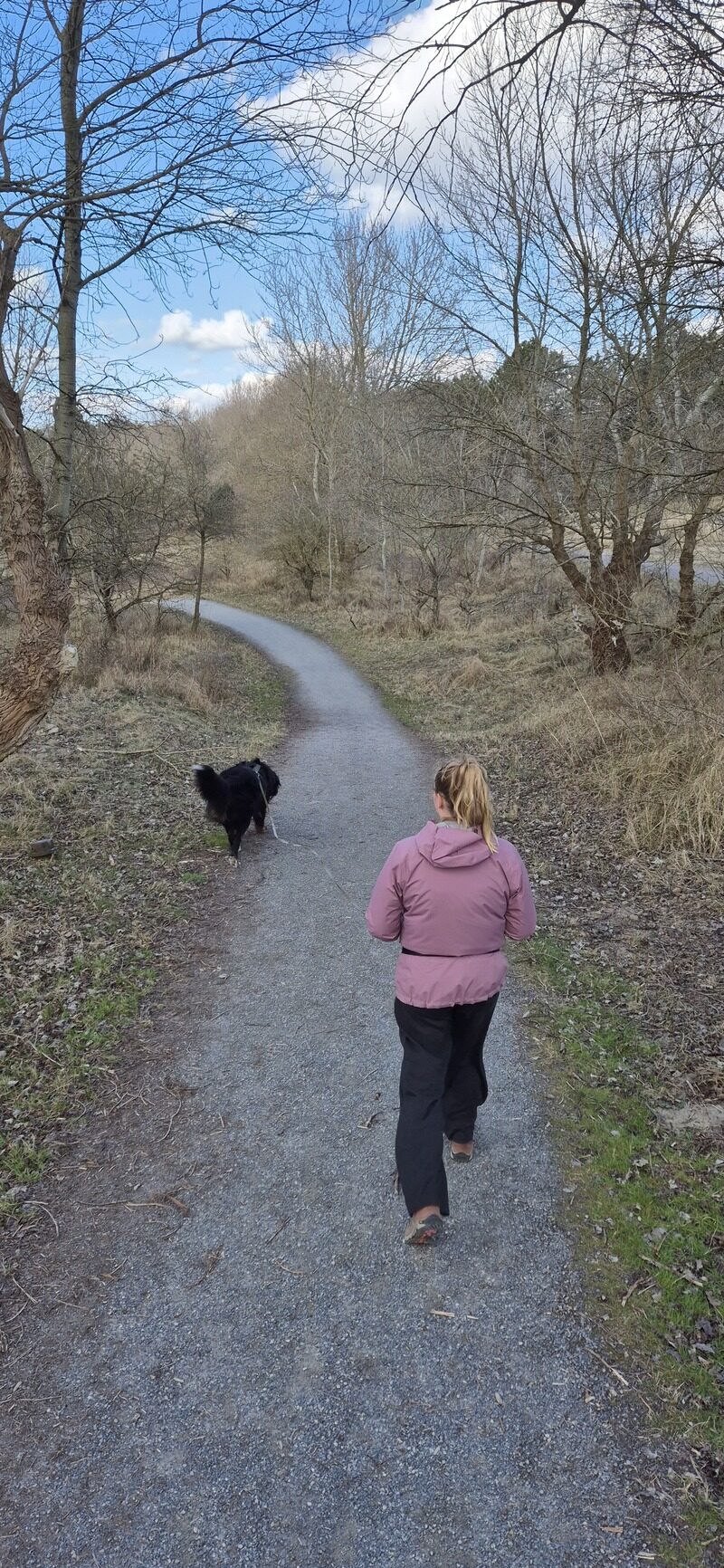 Eigenaar met hond aan lijn van achteren